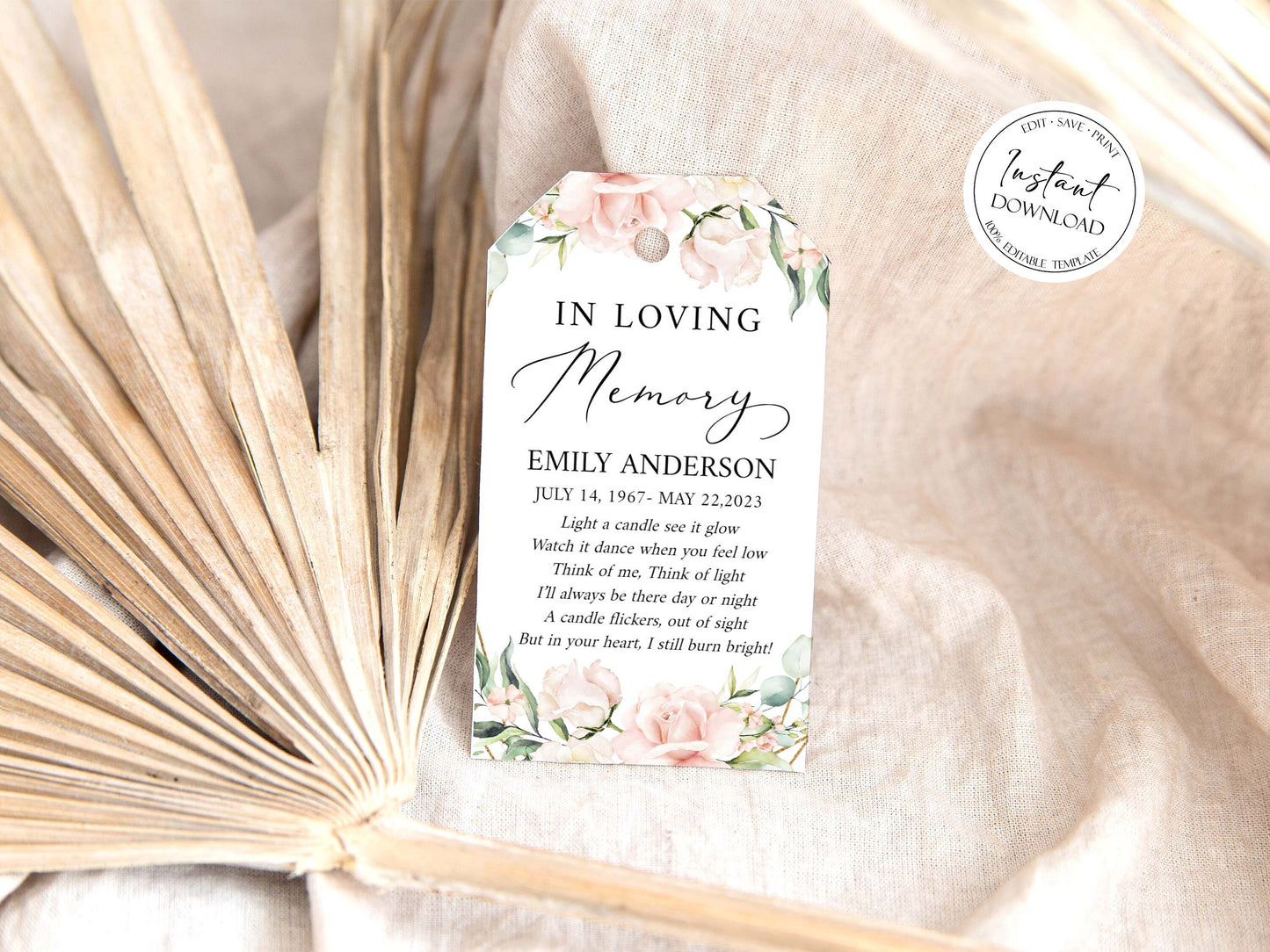 Celebration of life Blush Pink Funeral Favor Tag Template, Memorial Candle Favor Tag, Pink In Loving Memory Favor Tag, Funeral Keepsake P4