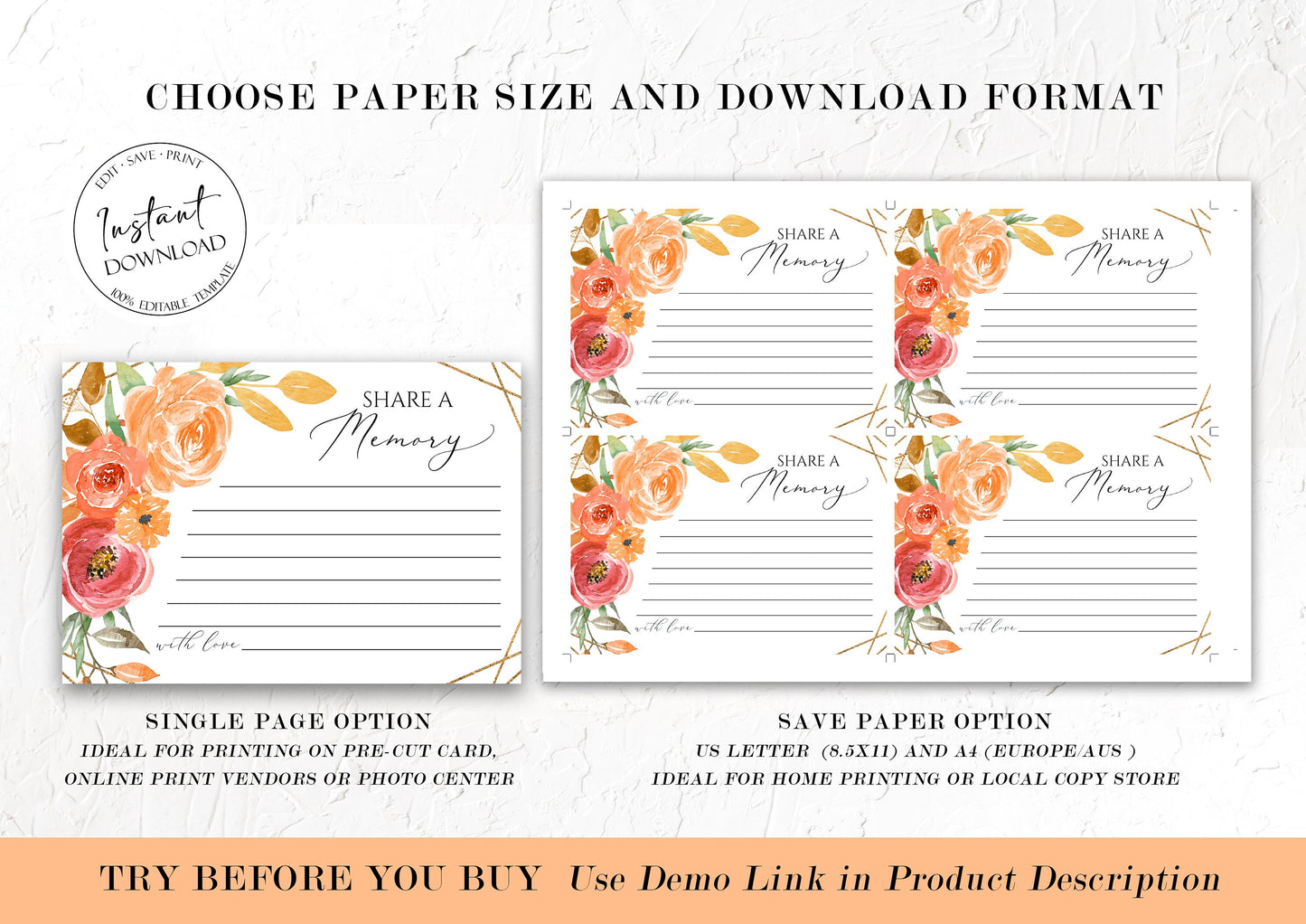 Orange Floral Gold Fall Share a Memory Funeral Sign and Share a Memory Card Template, Fall Funeral Memory Card, Autumn Funeral share a memory Fall Funeral
