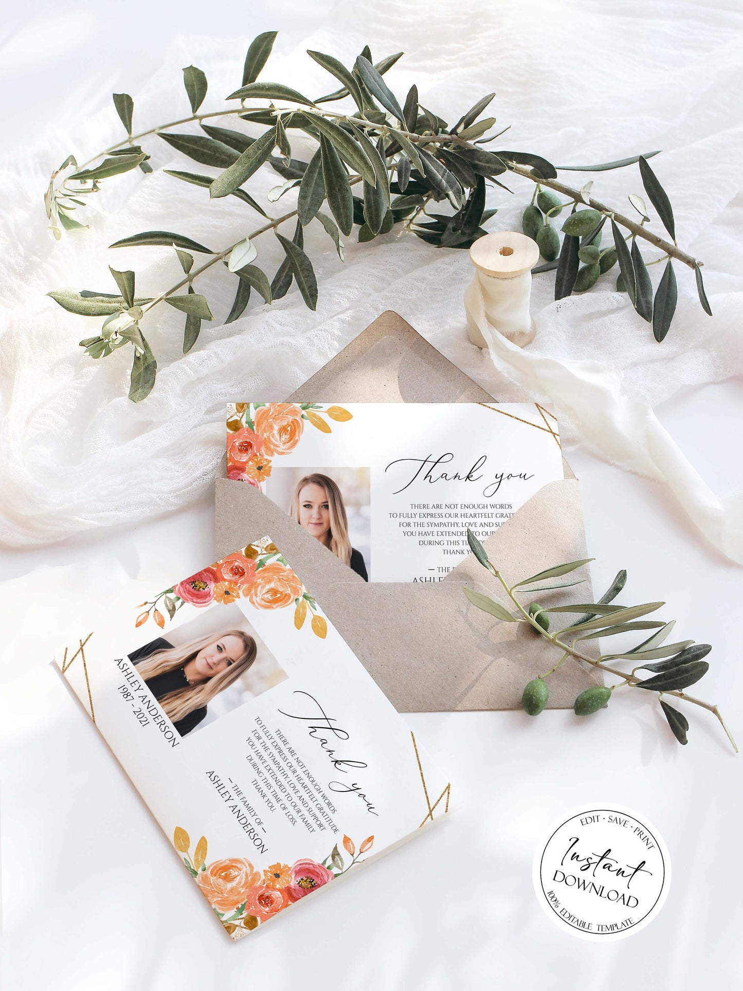 Celebration of life Orange Floral Gold Fall Funeral Photo Thank you Card Template F2