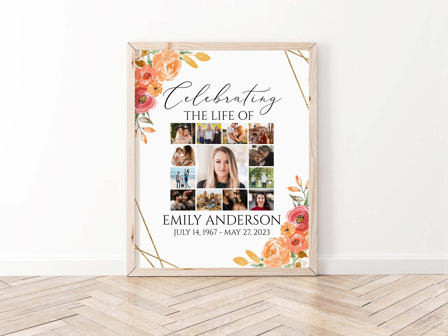 Celebration Of Life Orange Floral Gold Fall Photo Collage Funeral Welcome Sign Template, Fall Photo Collage Funeral Poster, Autumn Photo Collage Memorial Sign