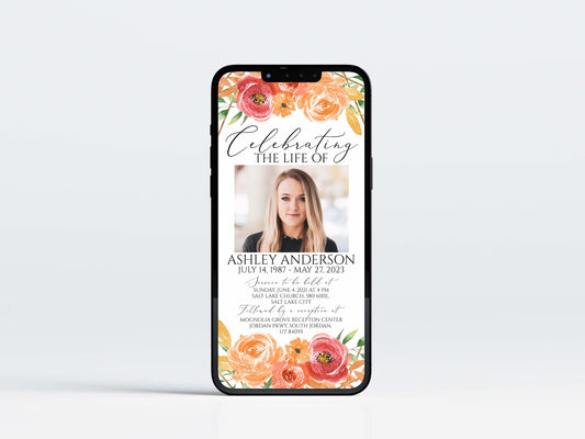 Celebration of life White Pink Roses Digital Funeral Invitation Template, Autumn Memorial Evite, Fall Electronic Funeral Invite, Orange Memorial Invitation