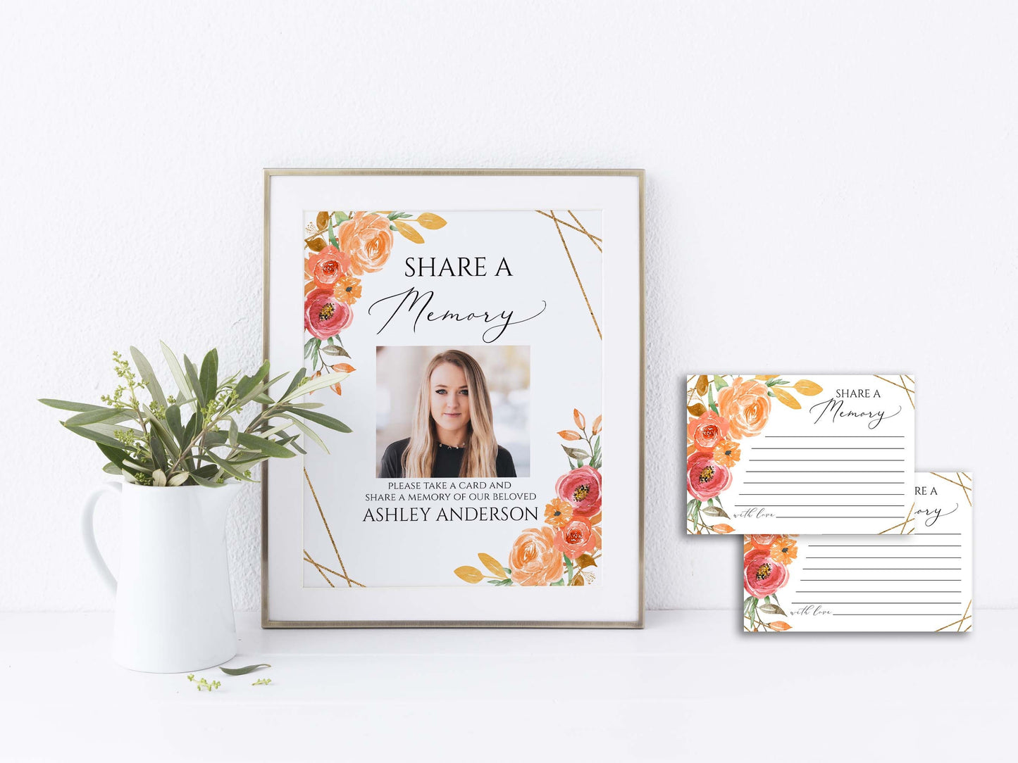Orange Floral Gold Fall Share a Memory Funeral Sign and Share a Memory Card Template, Fall Funeral Memory Card, Autumn Funeral share a memory Fall Funeral