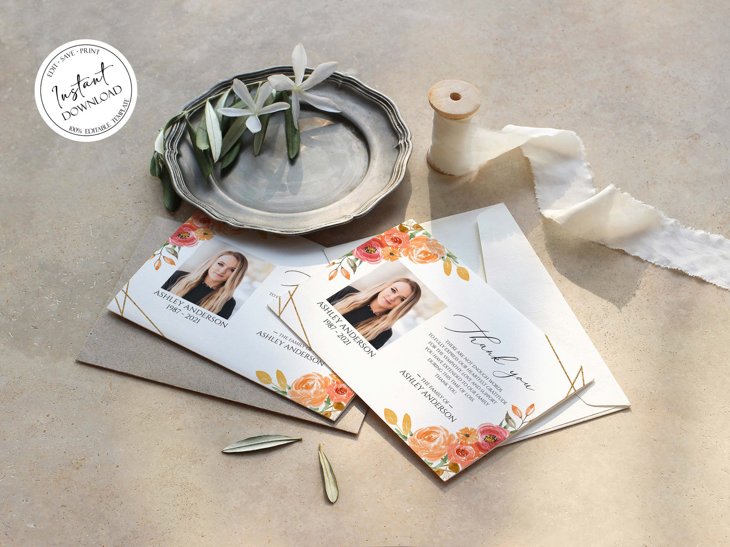 Celebration of life Orange Floral Gold Fall Funeral Photo Thank you Card Template F2