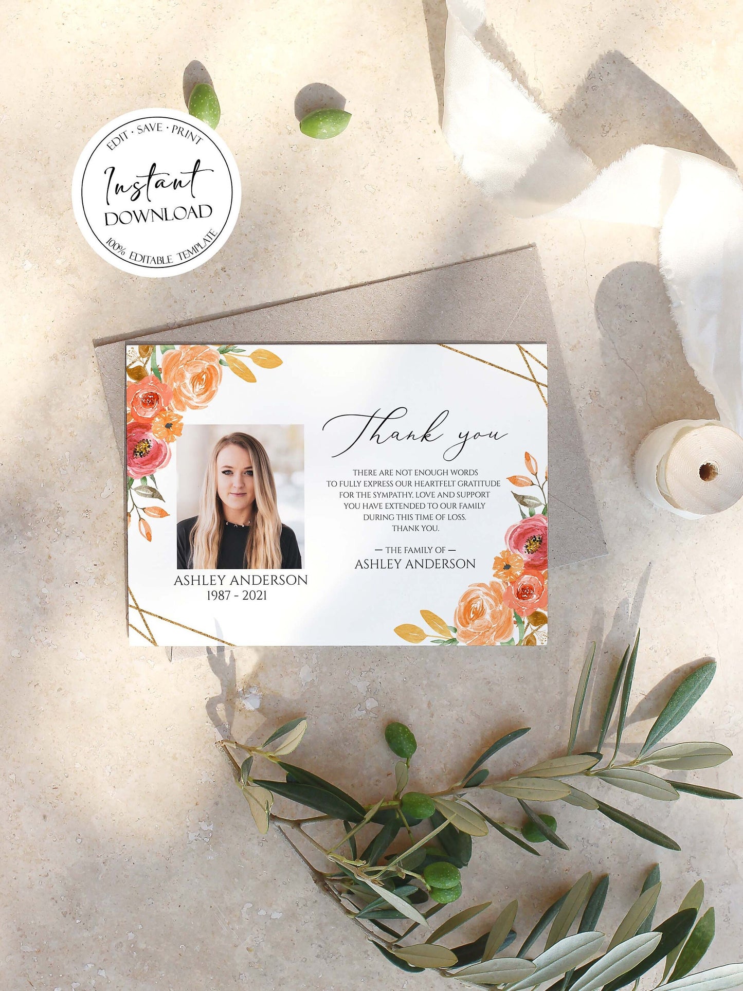 Celebration of life Orange Floral Gold Fall Funeral Photo Thank you Card Template F2