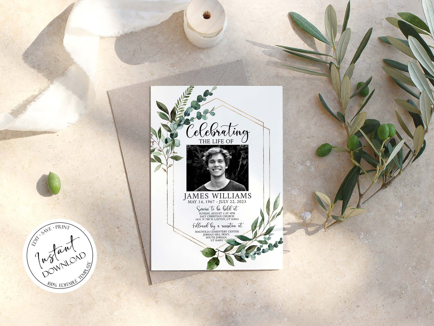 Celebration of life Watercolor Greenery Gold Funeral Invitation Template, Funeral Announcement Funeral Card Template, Memorial Service Invitation Q1