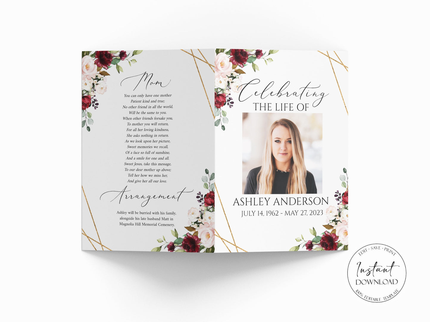 Celebration of Life Funeral Program, Red Roses Funeral Program Template, Red Roses Memorial Program, Roses Obituary Funeral Mass Program R1