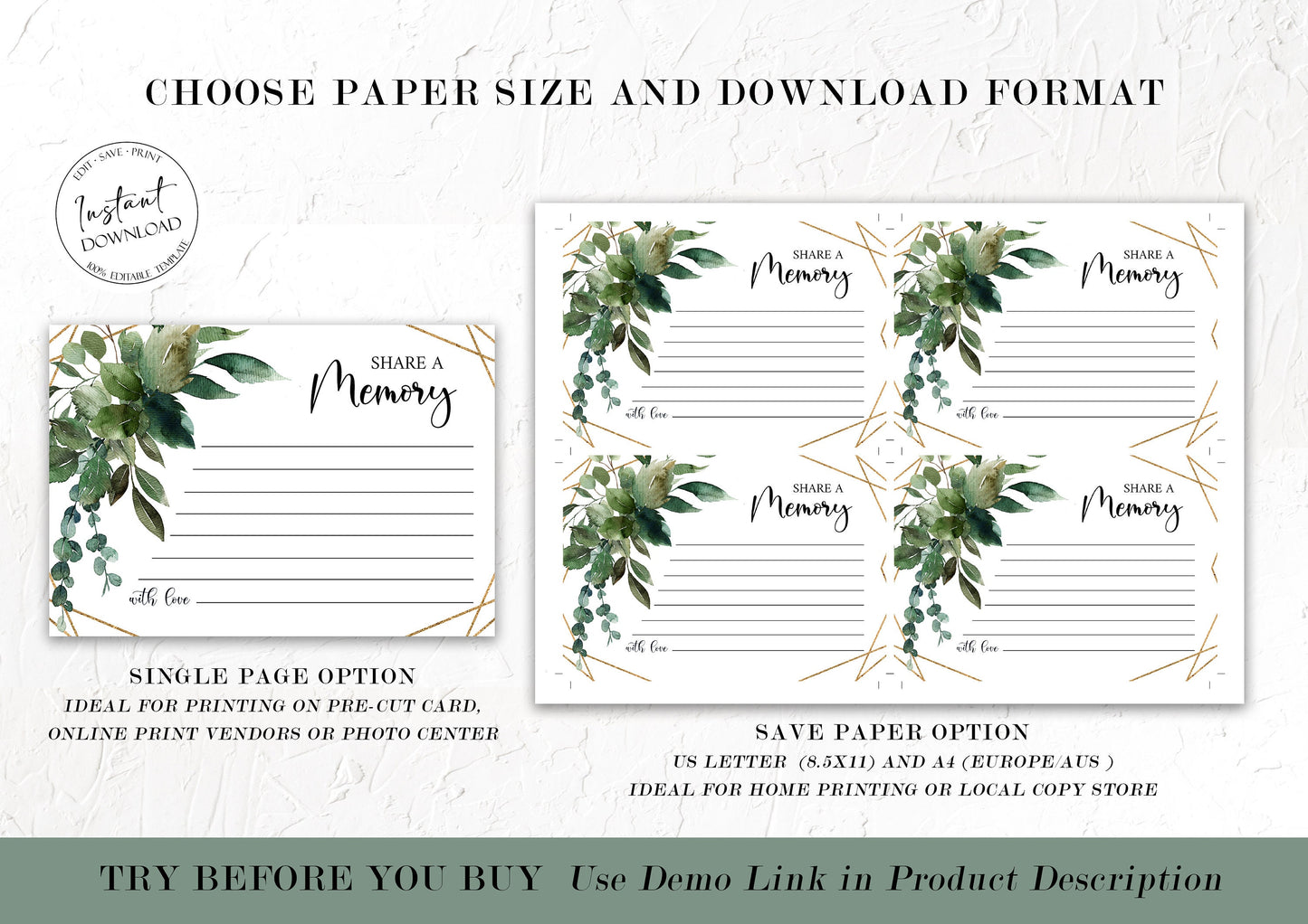 Watercolor Greenery Gold Share a Memory Funeral Sign Share a Memory Card Template, Greenery Gold Share a Memory Card, Greenery Gold Memory Card Q1