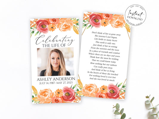 Editable Celebration of life Orange Floral Gold Fall Funeral Prayer Cards Template, Printable Fall Memorial Prayer Card, Autumn Funeral Prayer Card, Orange Catholic Card