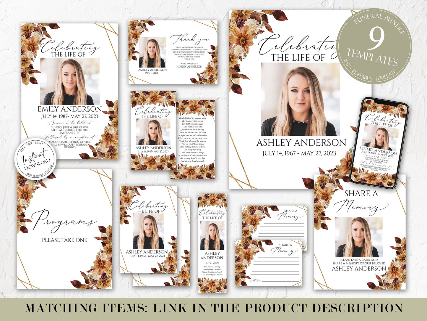 Celebration of life Orange Brown Dried Leaves Fall Funeral Invitation Template, Autumn Funeral Announcement, Funeral Card Template Printable Memorial Service Invite F3