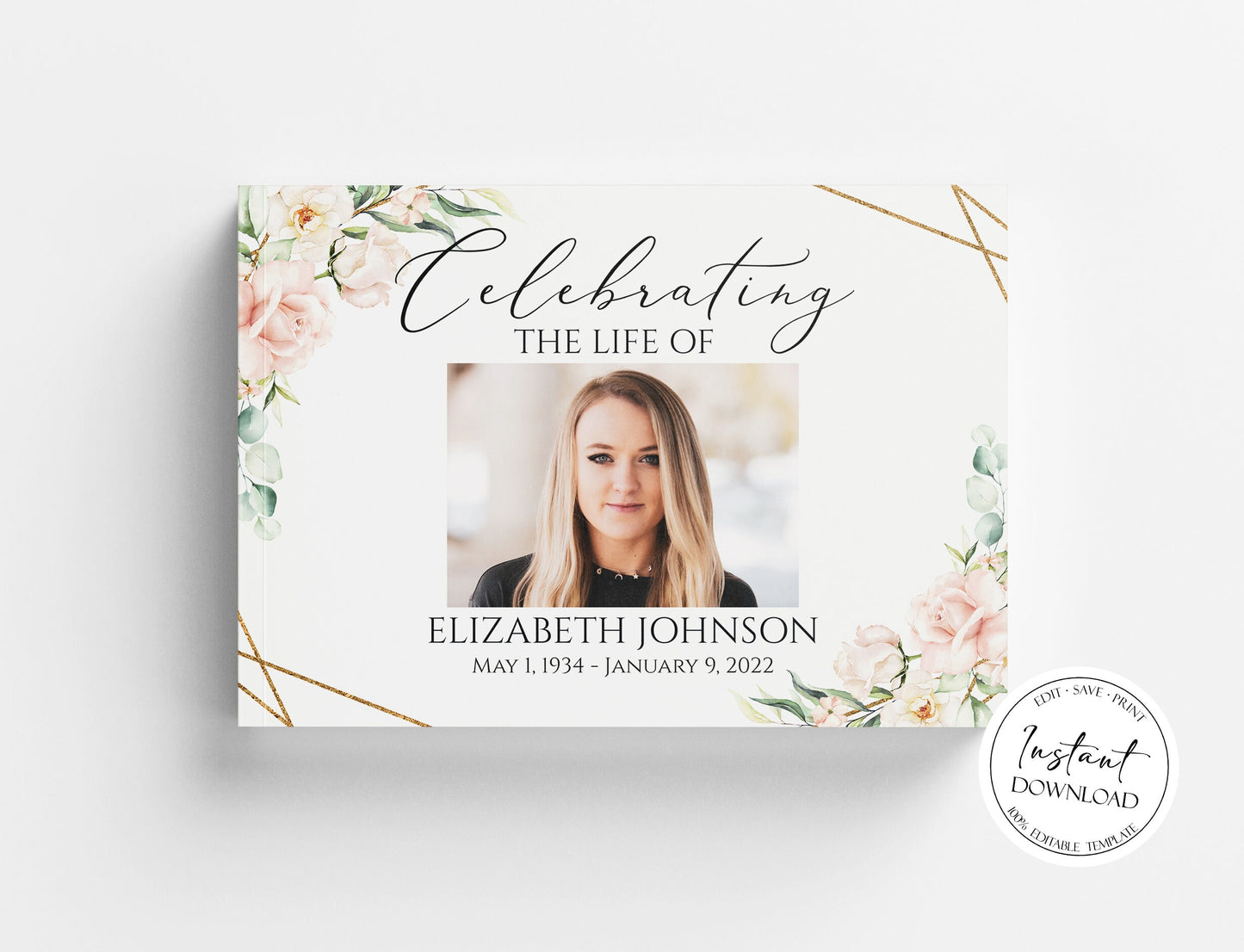Celebration of life Blush Pink Funeral Guest Book Template, Printable Watercolor Roses Remembrance Memorial Guest Book Condolence Book P4