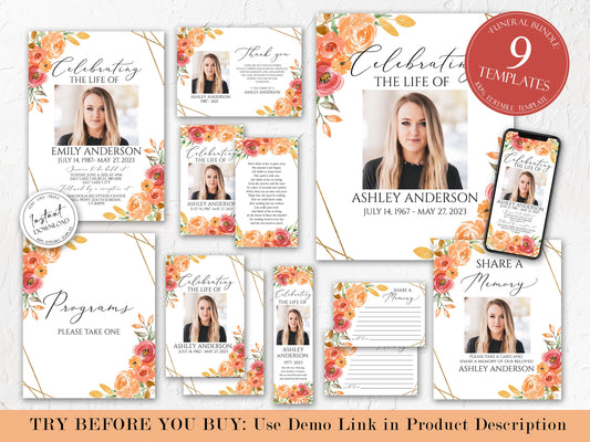 Celebration of Life Orange Floral Gold Fall Funeral Bundle Set, Autumn Memorial Package, Celebration of Life Package, Orange In Loving Memory Suite, Fall Funeral Set