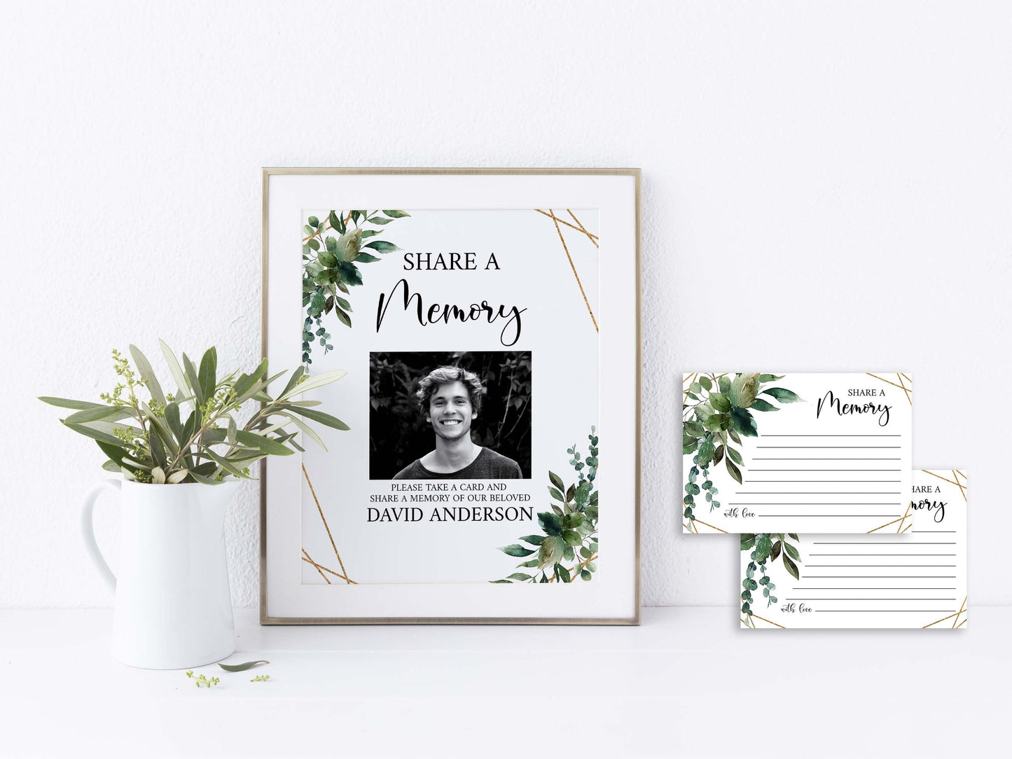 Watercolor Greenery Gold Share a Memory Funeral Sign Share a Memory Card Template, Greenery Gold Share a Memory Card, Greenery Gold Memory Card Q1