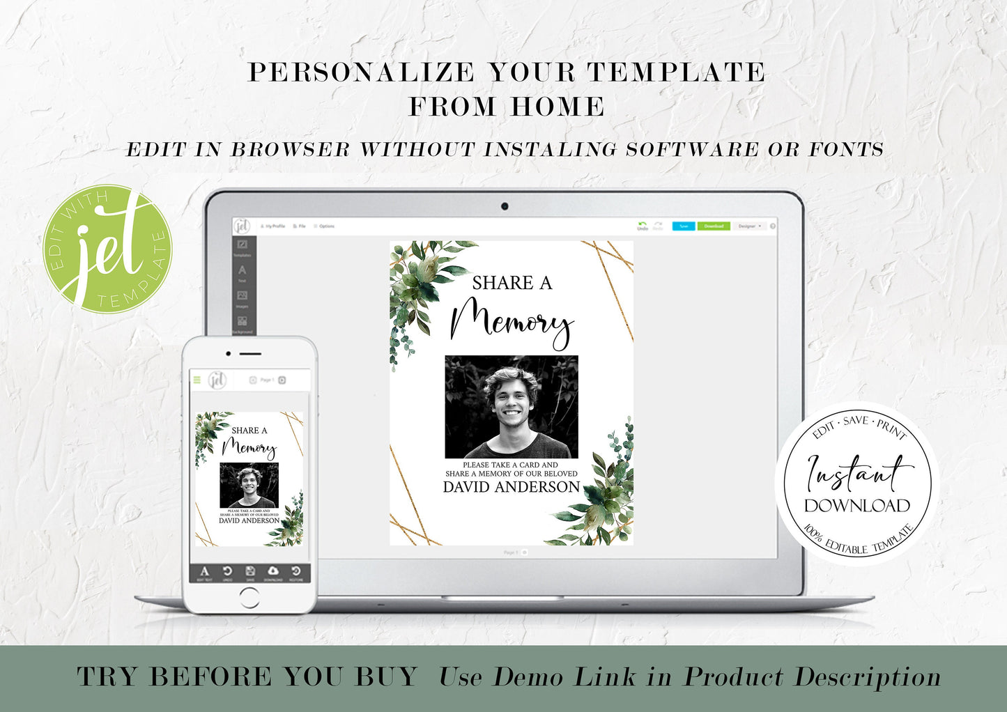 Watercolor Greenery Gold Share a Memory Funeral Sign Share a Memory Card Template, Greenery Gold Share a Memory Card, Greenery Gold Memory Card Q1