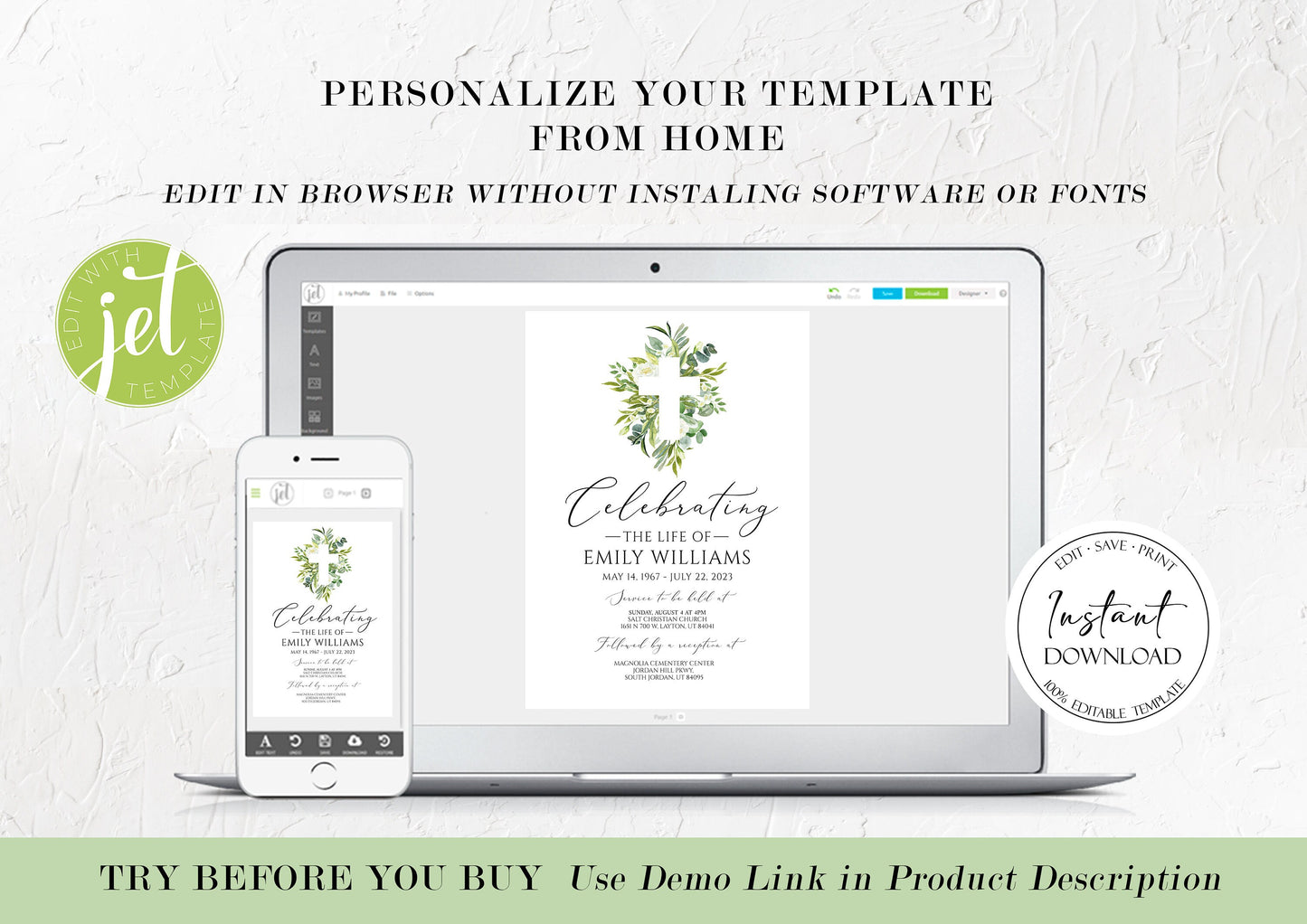 Celebration of life Watercolor Greenery Cross Funeral Invitation Template, Greenery Cross Funeral Invitation, Watercolor Greenery Cross Funeral Announcement Card