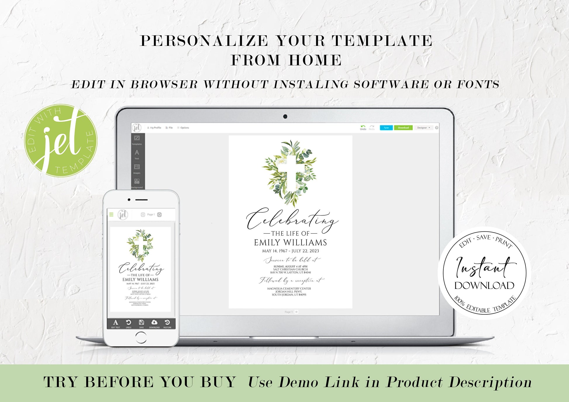 Celebration of life Watercolor Greenery Cross Funeral Invitation Template, Greenery Cross Funeral Invitation, Watercolor Greenery Cross Funeral Announcement Card
