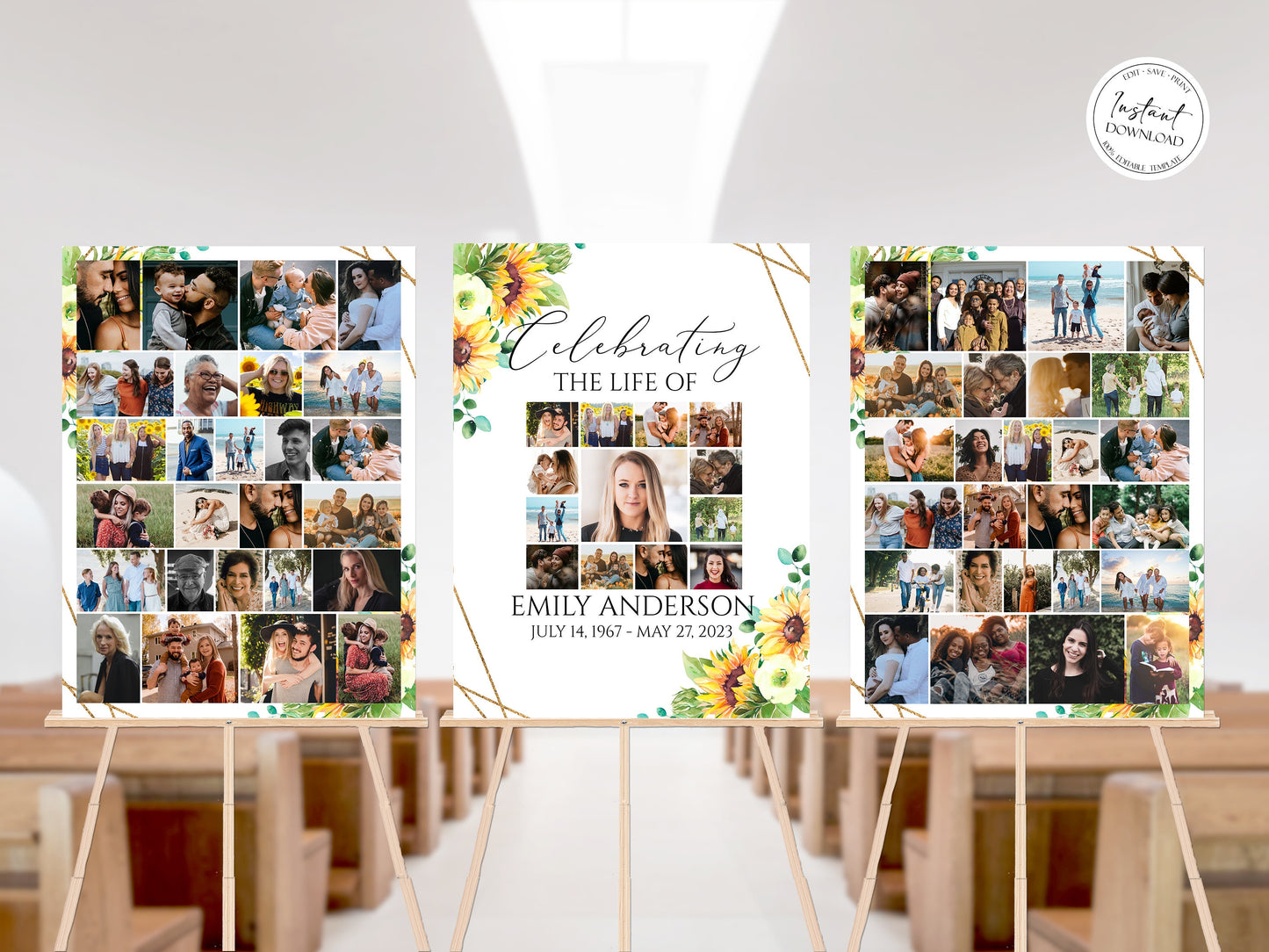 Celebration Of Life Sunflower Photo Collage Funeral Welcome Sign Templates, Sunflower Photo Memorial Sign, Sunflower Funeral Poster Photo Display Set