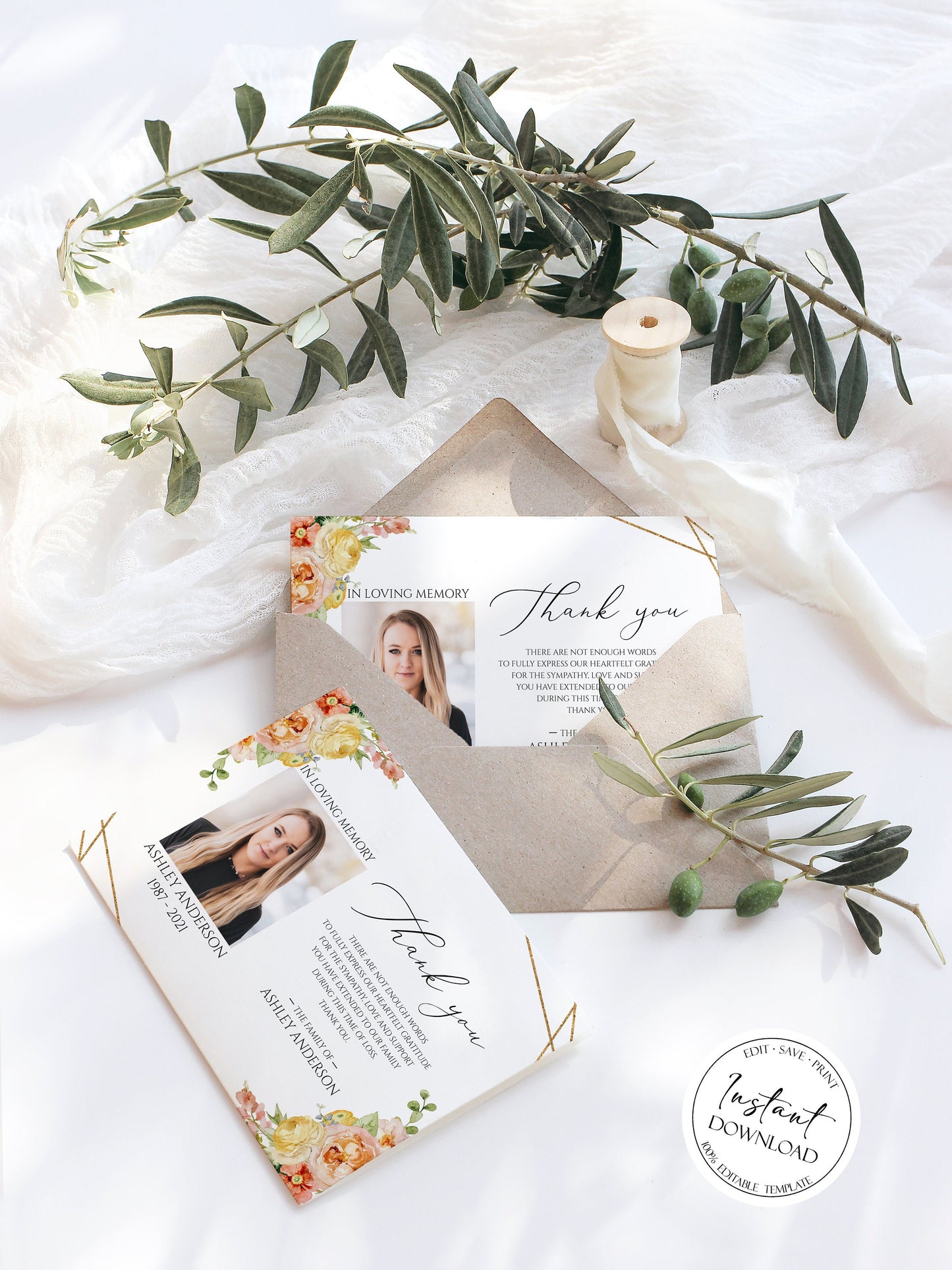 Celebration of life Elegant Yellow Pink Floral Funeral Photo Thank You Card Template, Printable Elegant Yellow Pink Floral Memorial Card, Editable Elegant Sympathy Cards