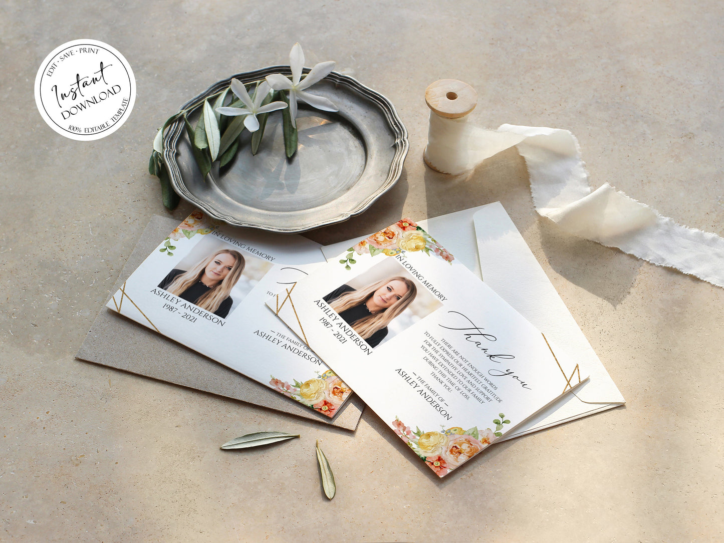 Celebration of life Elegant Yellow Pink Floral Funeral Photo Thank You Card Template, Printable Elegant Yellow Pink Floral Memorial Card, Editable Elegant Sympathy Cards