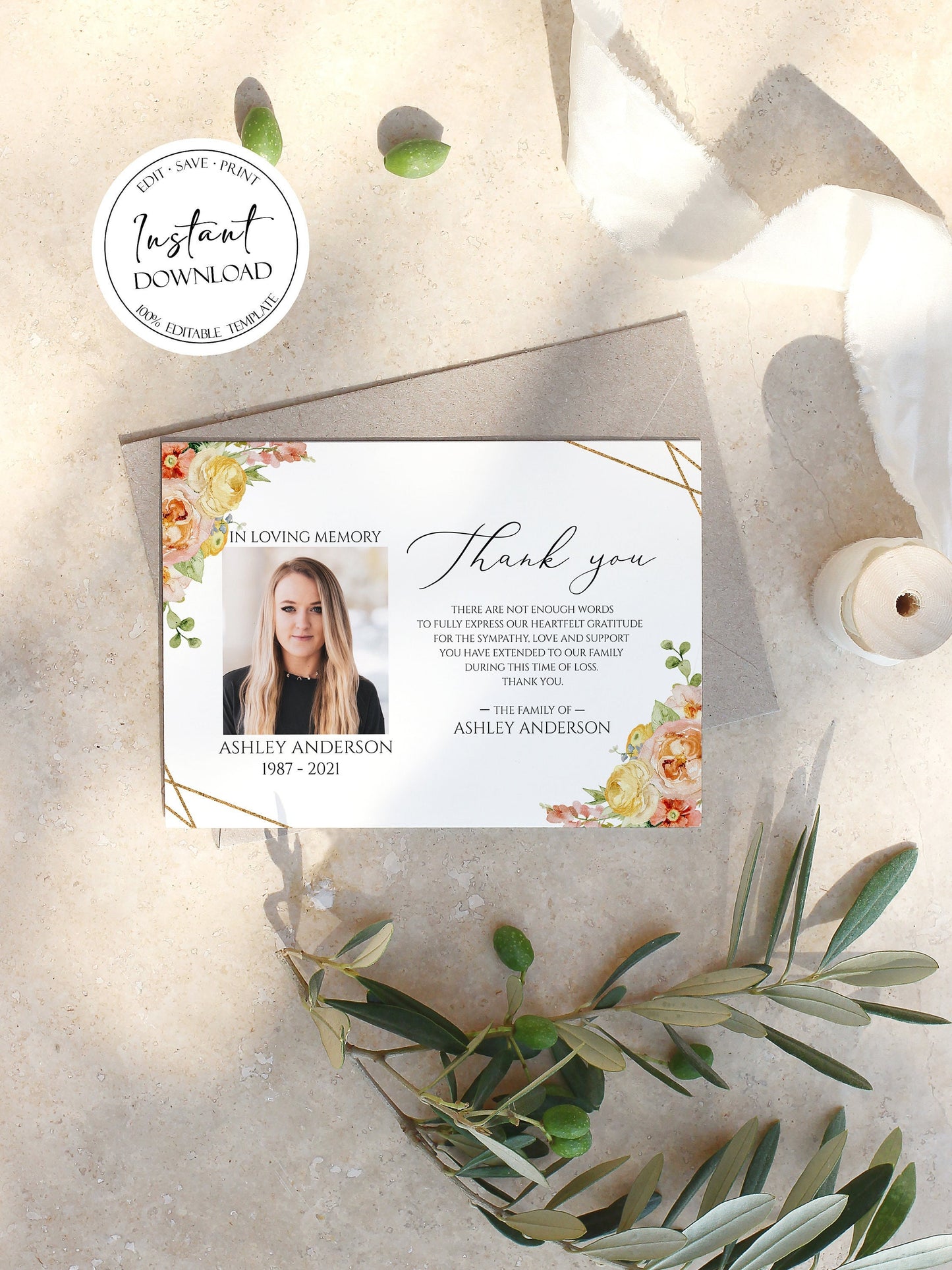 Celebration of life Elegant Yellow Pink Floral Funeral Photo Thank You Card Template, Printable Elegant Yellow Pink Floral Memorial Card, Editable Elegant Sympathy Cards