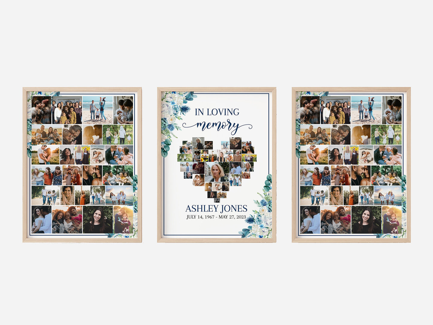 In Loving Memory Blue White Floral Heart Photo Collage Funeral Welcome Sign Templates , Forever in our Hearts Memorial Photo Display Set B1