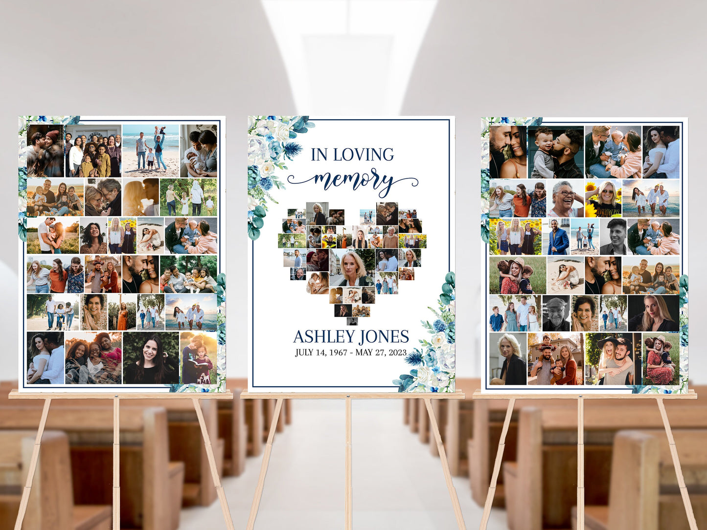 In Loving Memory Blue White Floral Heart Photo Collage Funeral Welcome Sign Templates , Forever in our Hearts Memorial Photo Display Set B1