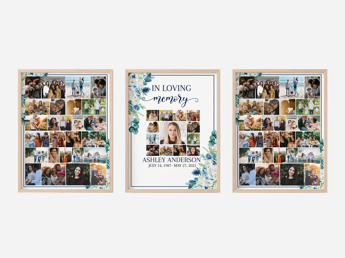Celebration Of Life Blue White Floral Photo Collage Funeral Welcome Sign Templates, Photo Memorial Sign, Funeral Poster Photo Display Set B1