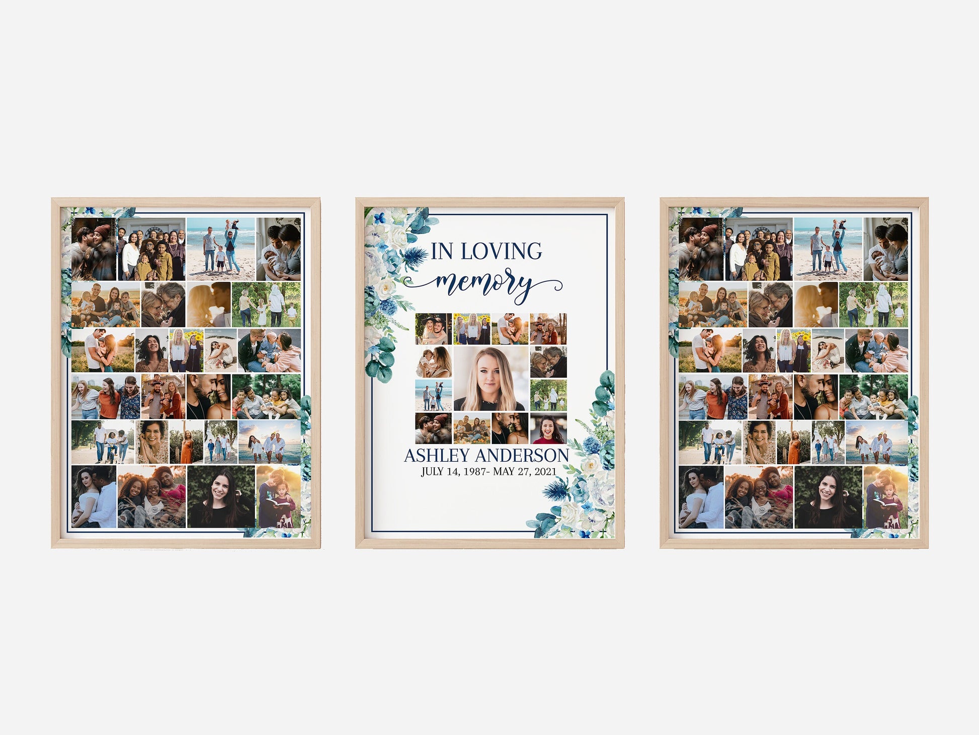 Celebration Of Life Blue White Floral Photo Collage Funeral Welcome Sign Templates, Photo Memorial Sign, Funeral Poster Photo Display Set B1