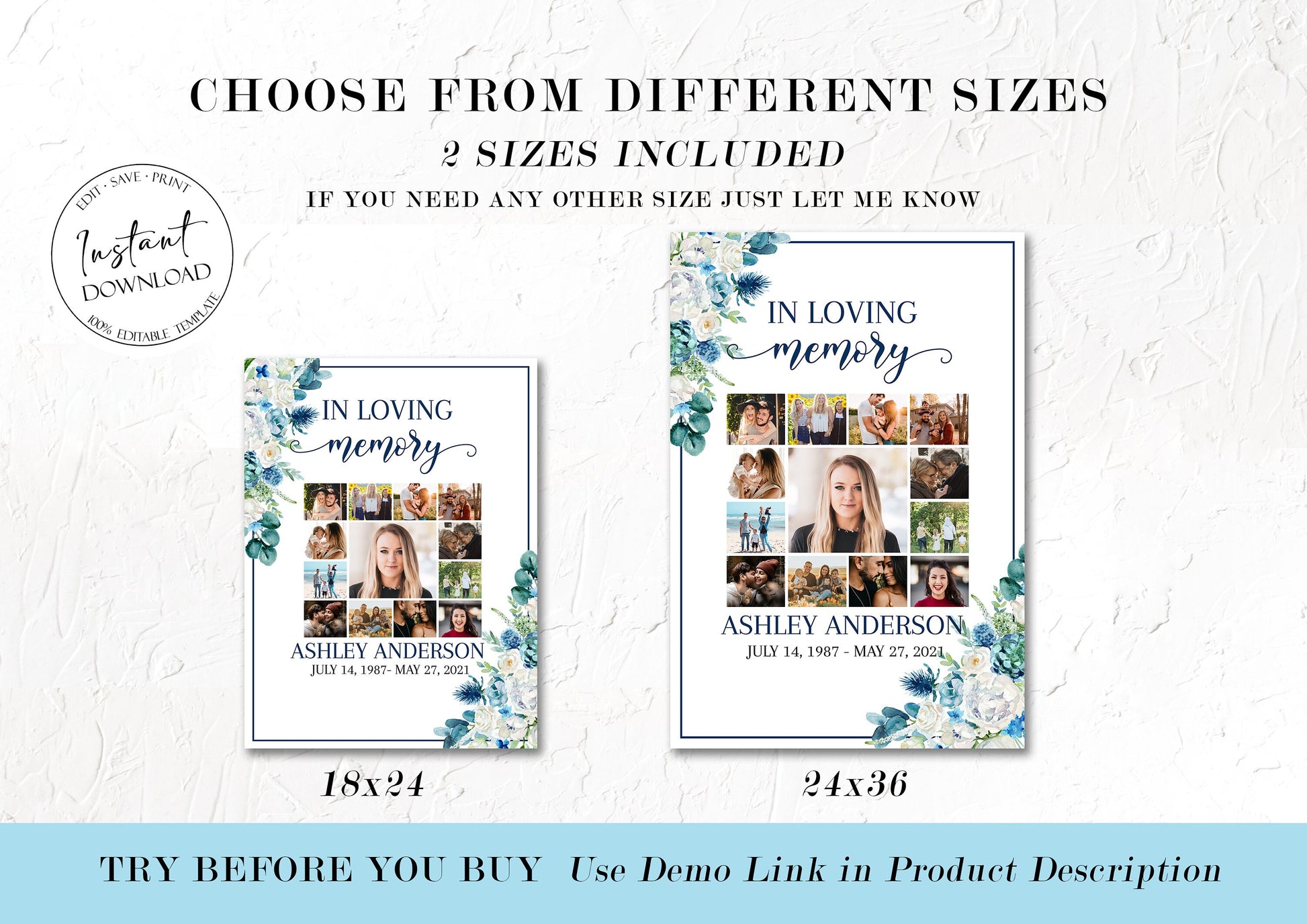 Celebration Of Life Blue White Floral Photo Collage Funeral Welcome Sign Templates, Photo Memorial Sign, Funeral Poster Photo Display Set B1