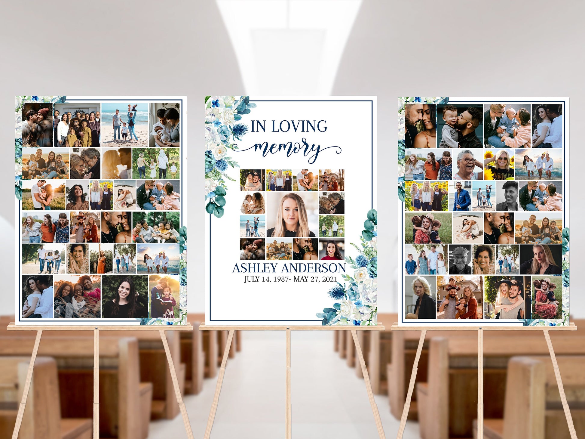 Celebration Of Life Blue White Floral Photo Collage Funeral Welcome Sign Templates, Photo Memorial Sign, Funeral Poster Photo Display Set B1
