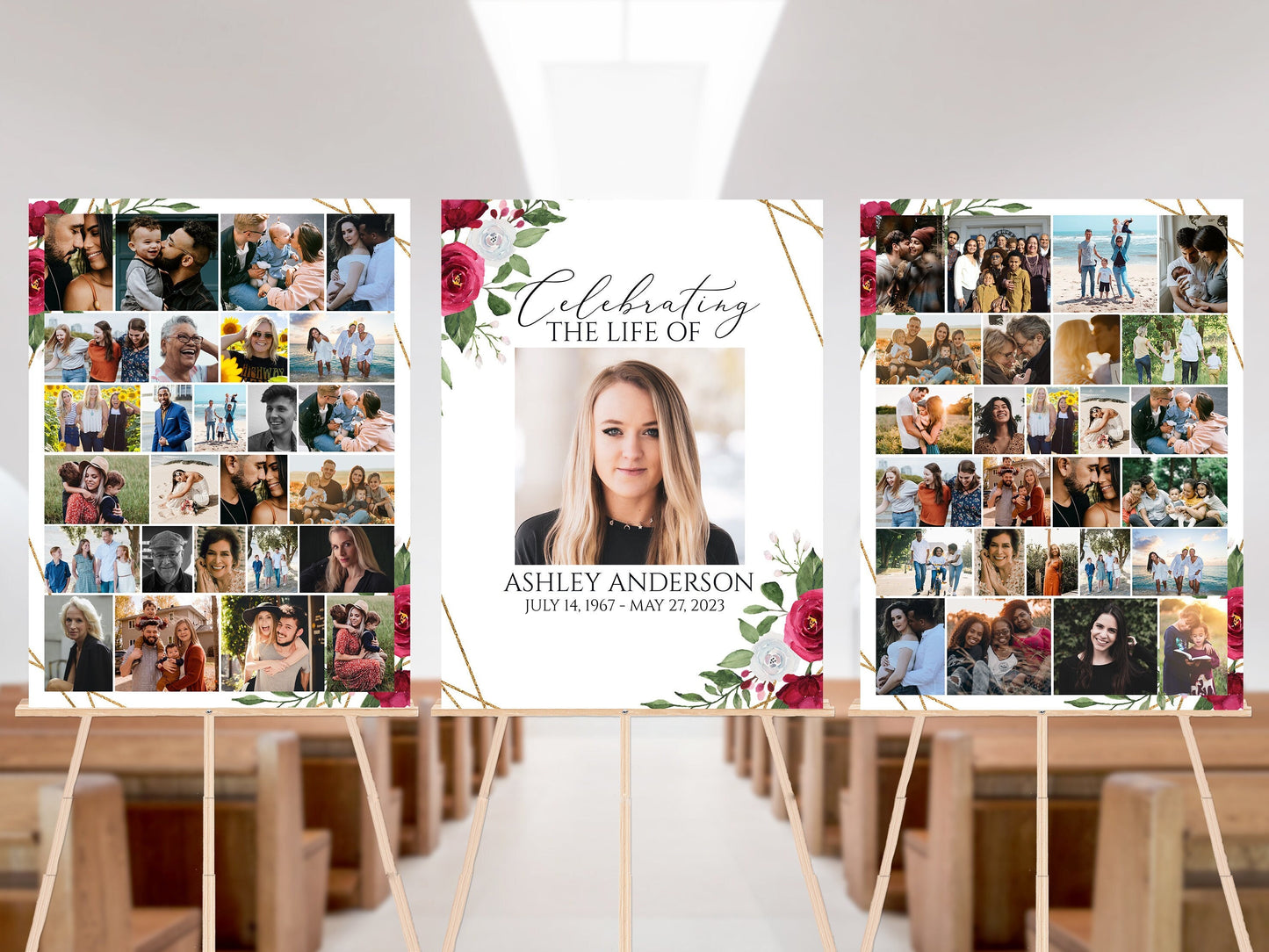 Celebration Of Life White Pink Roses Photo Collage Funeral Welcome Sign Set Templates P2
