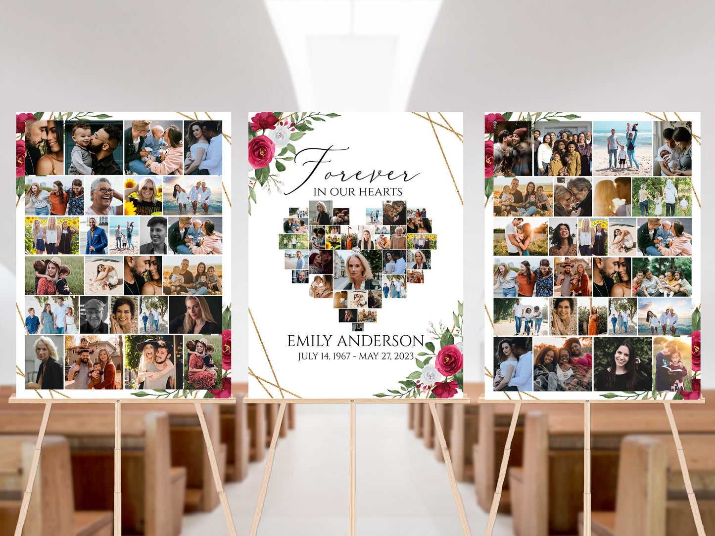 Celebration Of Life Forever in our Hearts White Pink Roses Heart Heart Photo Collage Funeral Welcome Sign Set Template, Memorial Photo Display Set P2
