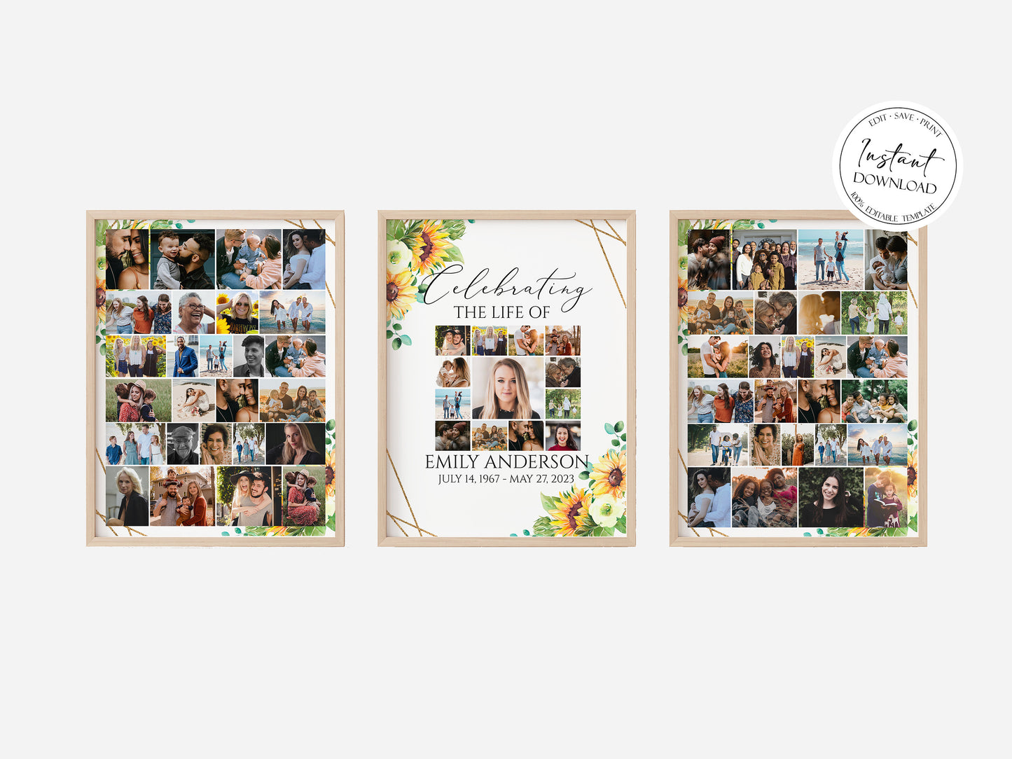 Celebration Of Life Sunflower Photo Collage Funeral Welcome Sign Templates, Sunflower Photo Memorial Sign, Sunflower Funeral Poster Photo Display Set