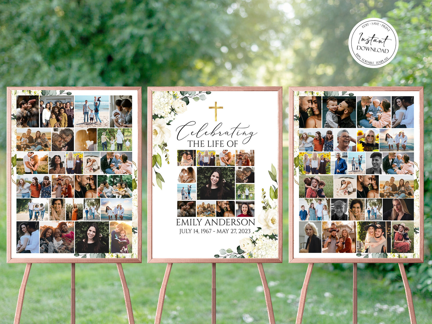 Celebration Of Life White Greenery Floral Gold Cross Photo Collage Funeral Welcome Sign Templates, White Greenery Photo Memorial Sign Funeral Poster Photo Display Set