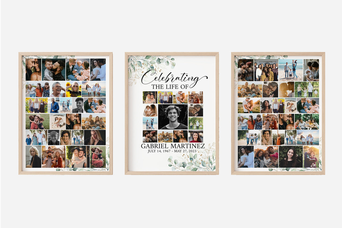 Celebration Of Life Watercolor Greenery Gold Photo Collage Funeral Welcome Sign Templates. Editable Greenery Photo Collage Funeral Poster, Photo Memorial Sign, Funeral Poster Photo Display Set G1
