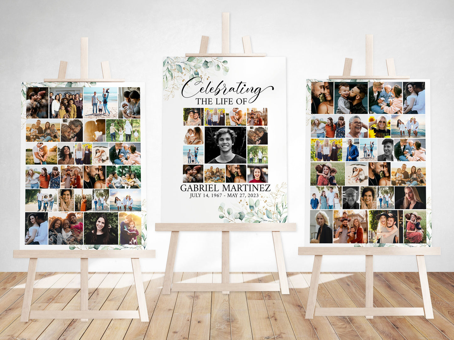 Celebration Of Life Watercolor Greenery Gold Photo Collage Funeral Welcome Sign Templates. Editable Greenery Photo Collage Funeral Poster, Photo Memorial Sign, Funeral Poster Photo Display Set G1