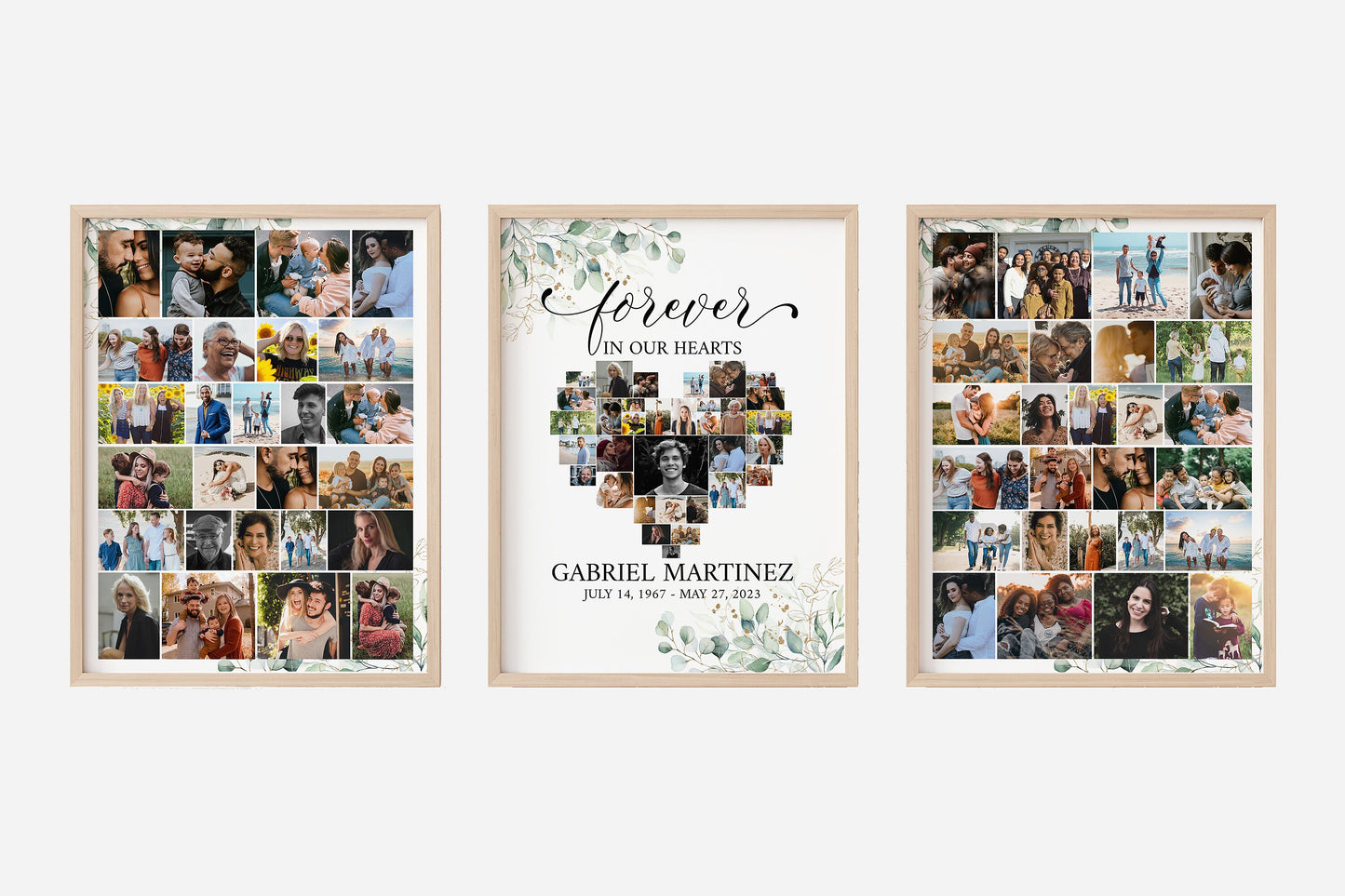Editable Greenery Heart Photo Collage Funeral Sign, Forever in our Hearts Watercolor Greenery Gold Photo Collage Funeral Welcome Sign Templates, Memorial Photo Display Set G1