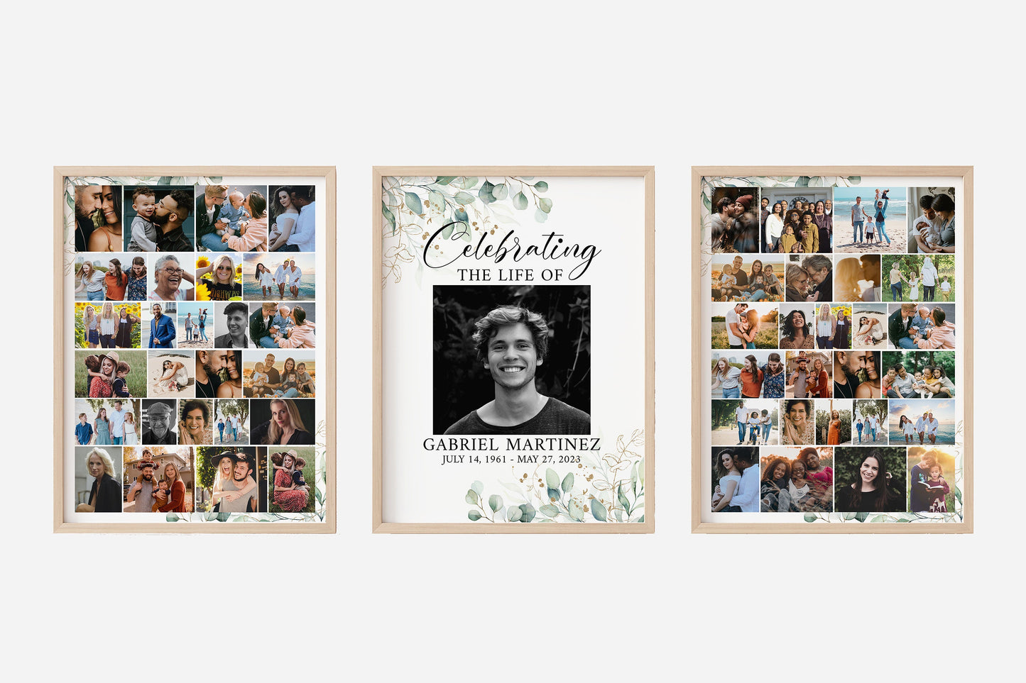 Editable Celebration Of Life Watercolor Greenery Gold Photo Collage Funeral Welcome Sign Templates, Greenery Photo Memorial Sign, Funeral Photo Display Set G1