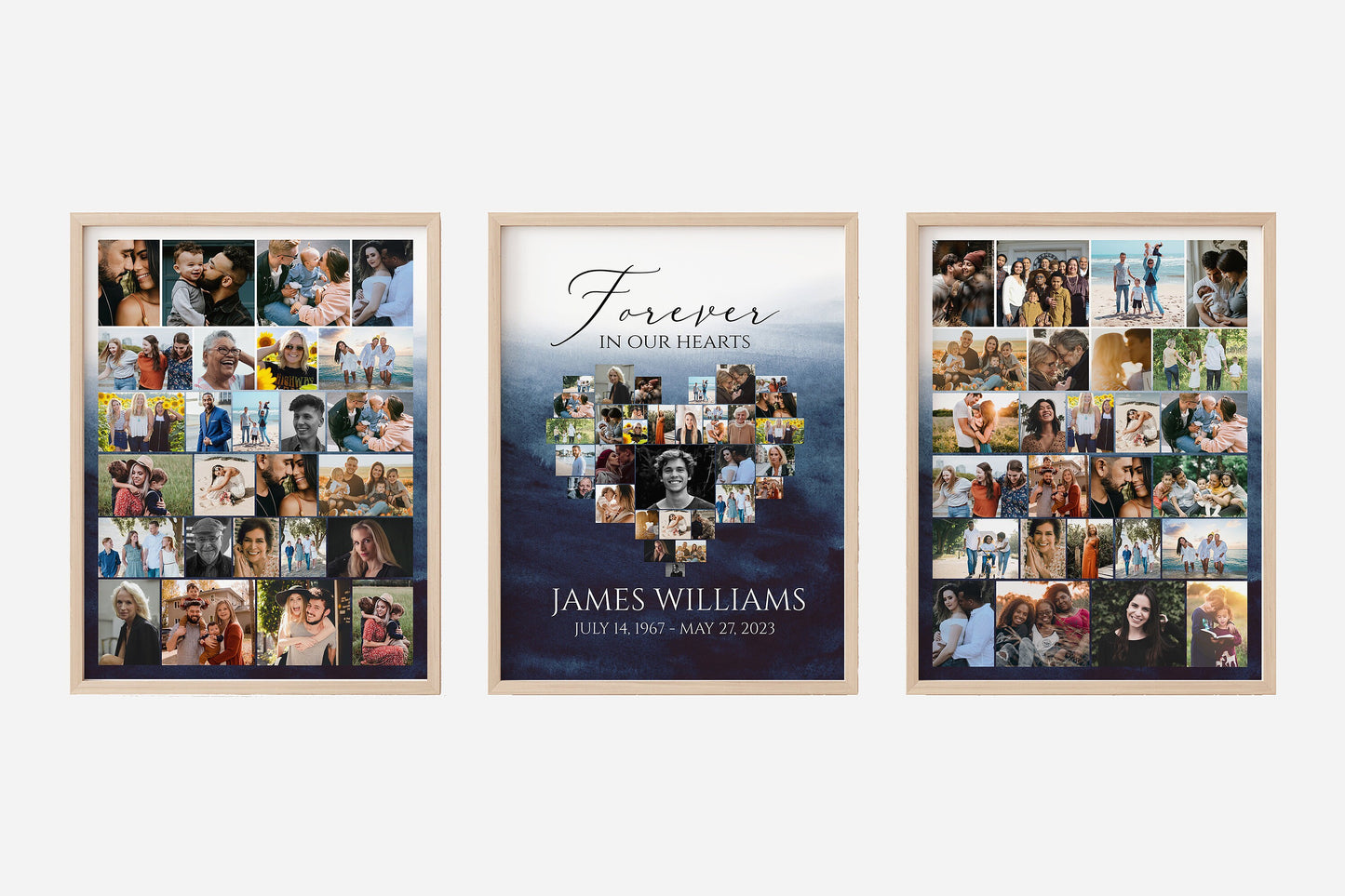 Celebration Of Life Funeral Poster, Blue Watercolor Heart Photo Collage Funeral Sign, Ocean Forever in our Hearts Memorial Photo Display Set B5