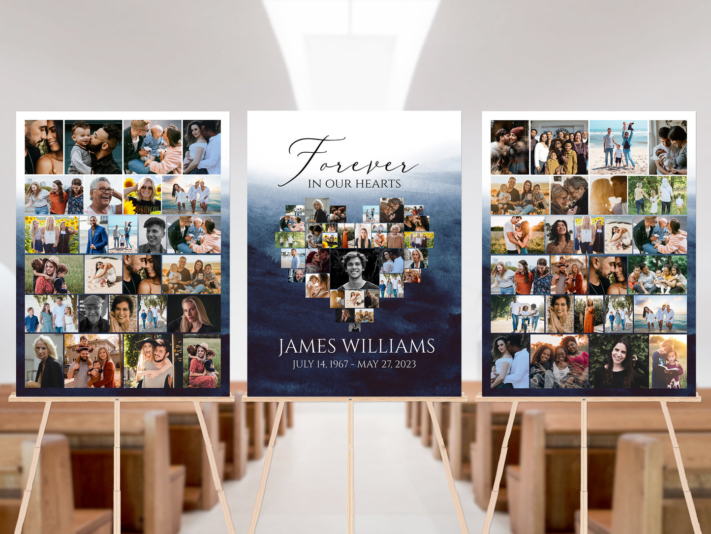 Celebration Of Life Funeral Poster, Blue Watercolor Heart Photo Collage Funeral Sign, Ocean Forever in our Hearts Memorial Photo Display Set B5