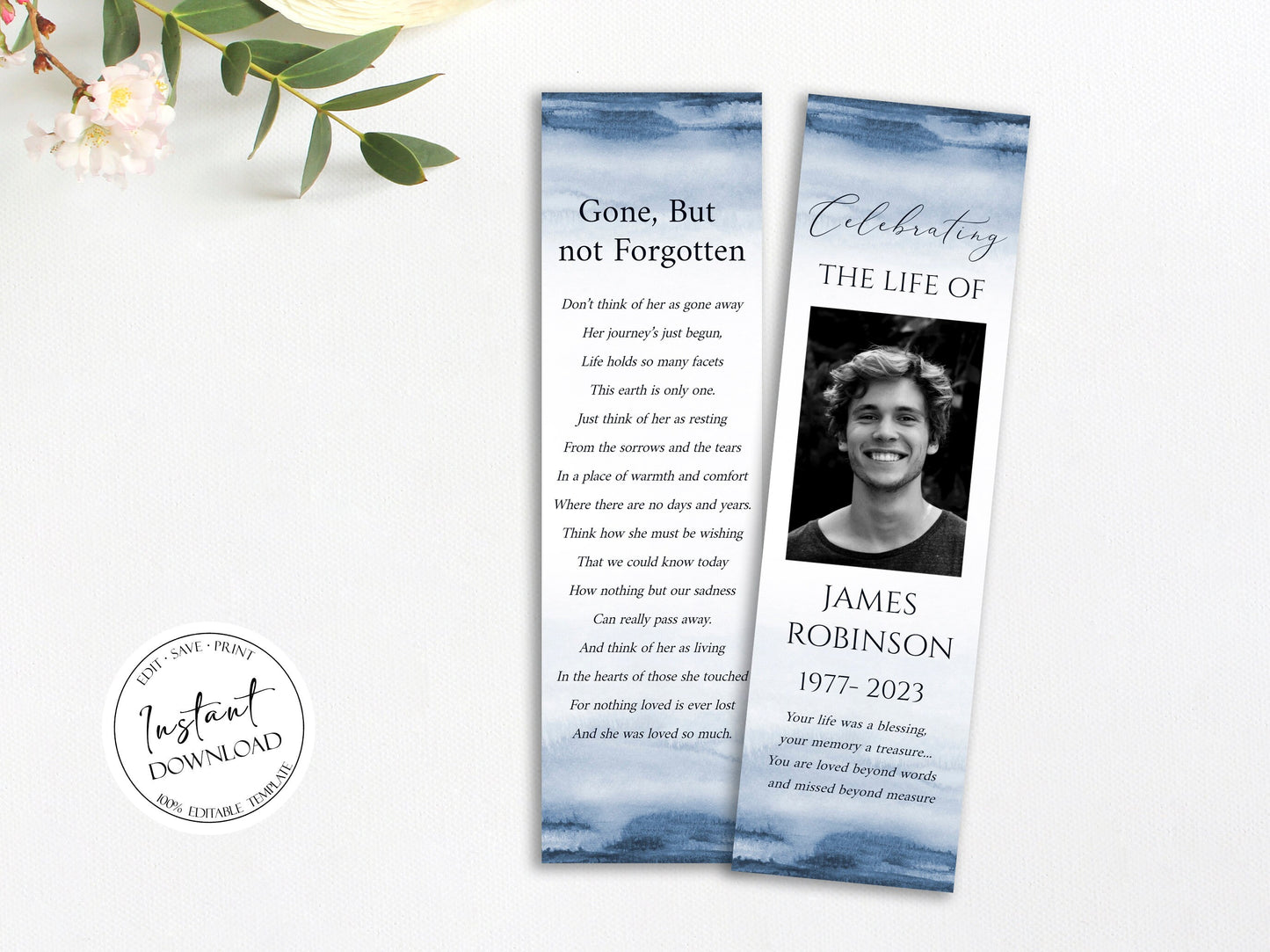 Celebration of Life Bookmark Blue Watercolor Funeral Bookmark Template Funeral Keepsake Card Boy Memorial Bookmark Blue Obituary Bookmark B4