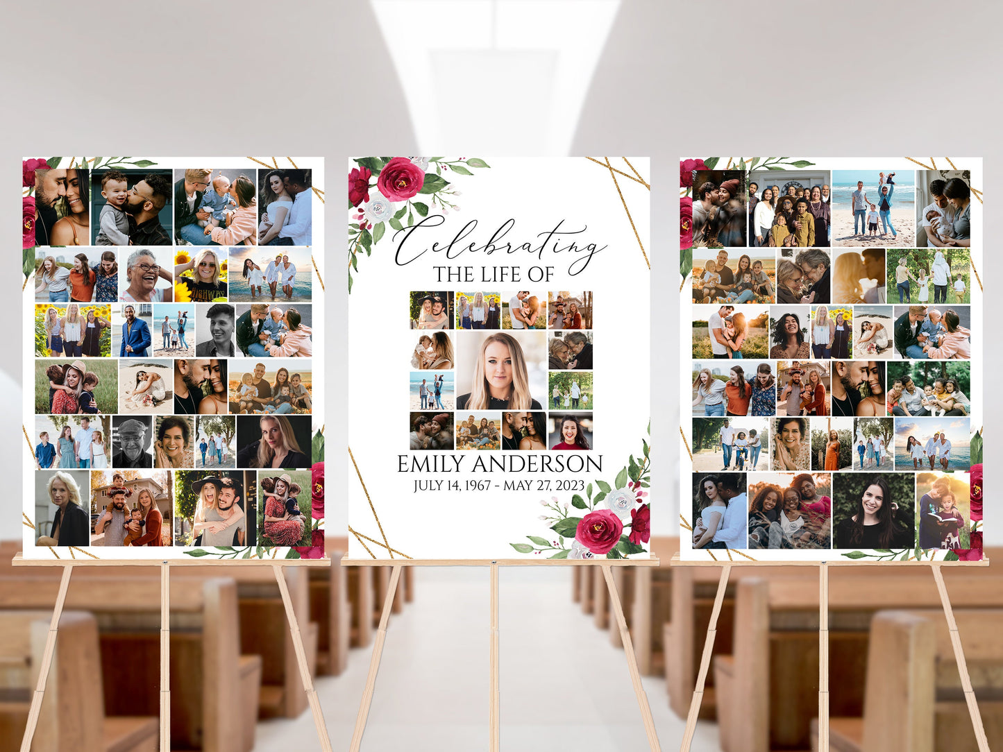 Celebration Of Life White Pink Roses Photo Collage Funeral Welcome Sign Set Templates, White Pink Roses Photo Collage Funeral Sign, Photo Memorial Poster, Funeral Photo Display Set P2