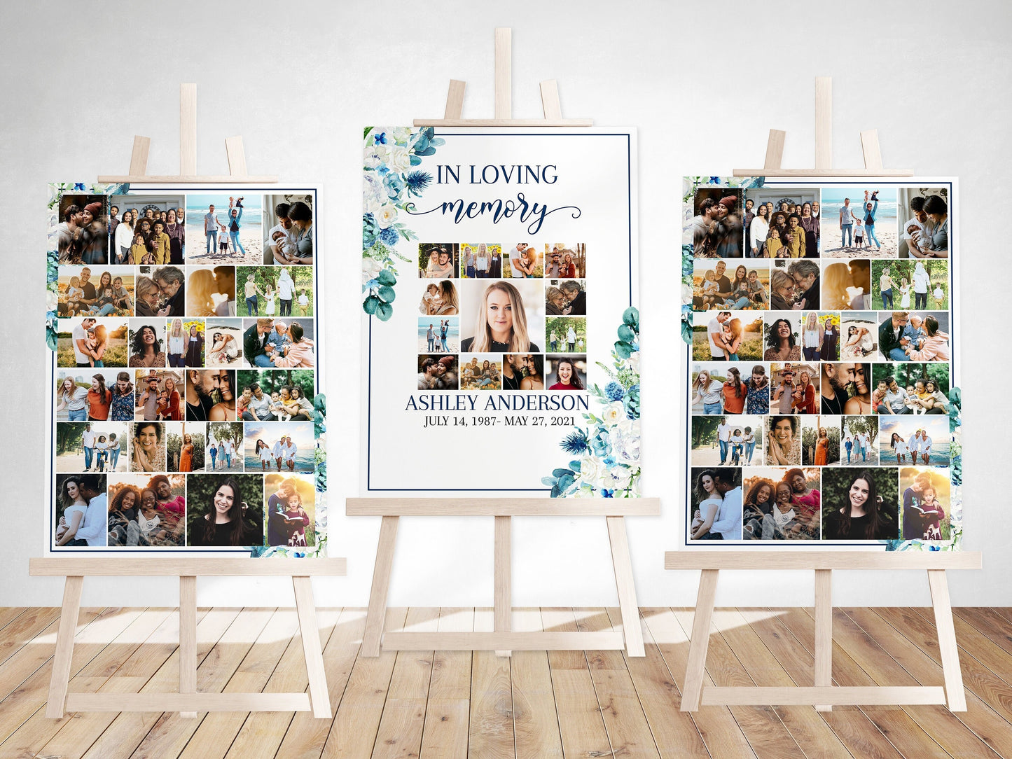 Celebration Of Life Blue White Floral Photo Collage Funeral Welcome Sign Templates, Photo Memorial Sign, Funeral Poster Photo Display Set B1