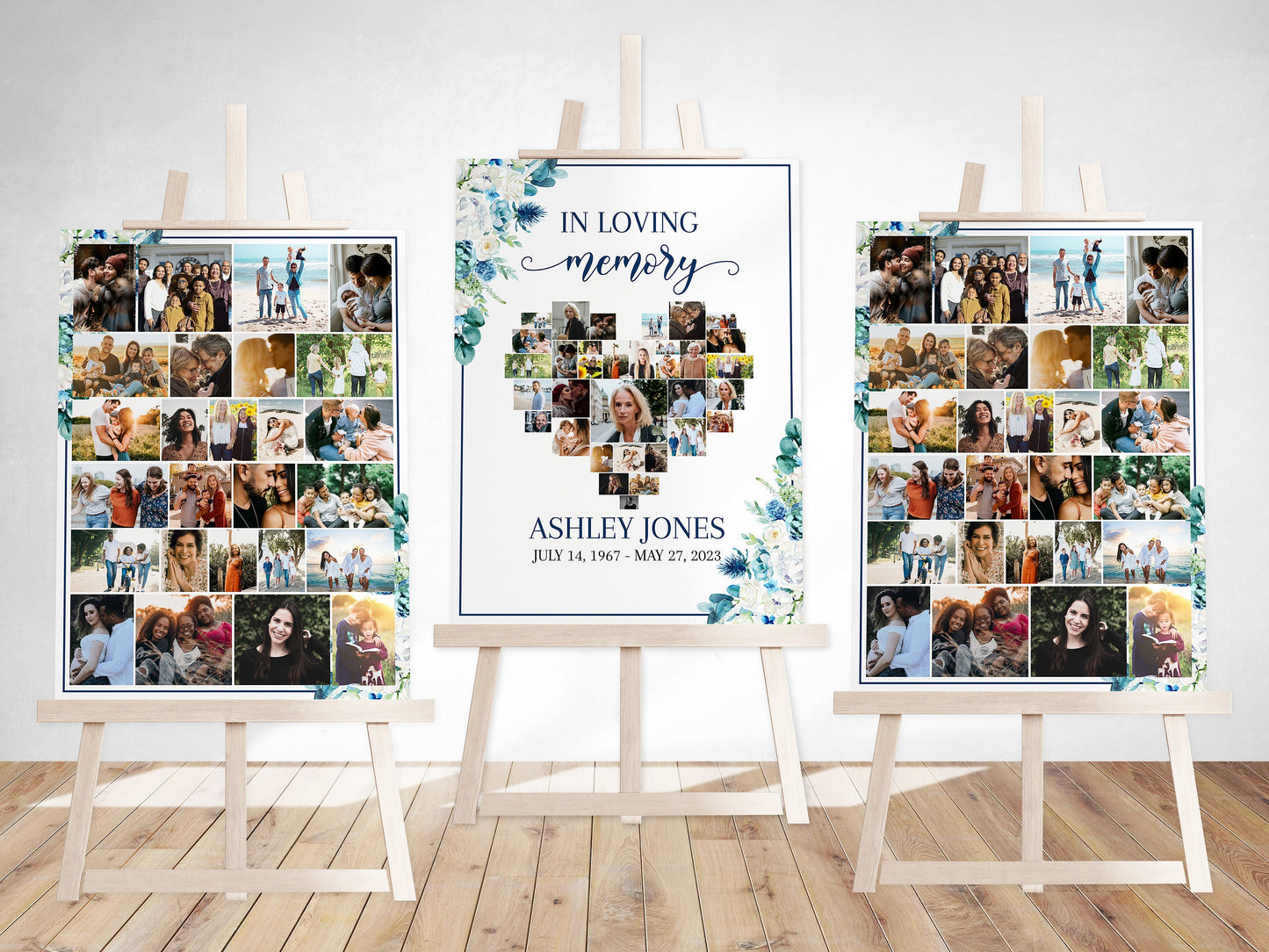 In Loving Memory Blue White Floral Heart Photo Collage Funeral Welcome Sign Templates , Forever in our Hearts Memorial Photo Display Set B1