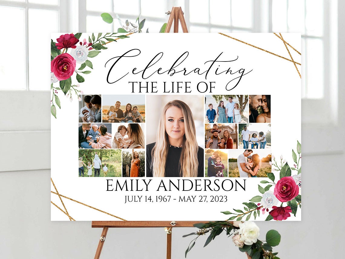 Celebration Of Life White Pink Roses Photo Collage Funeral Welcome Sign Template Multiple Photos Funeral Poster, Editable White Pink Roses Photo Collage Memorial Sign P2