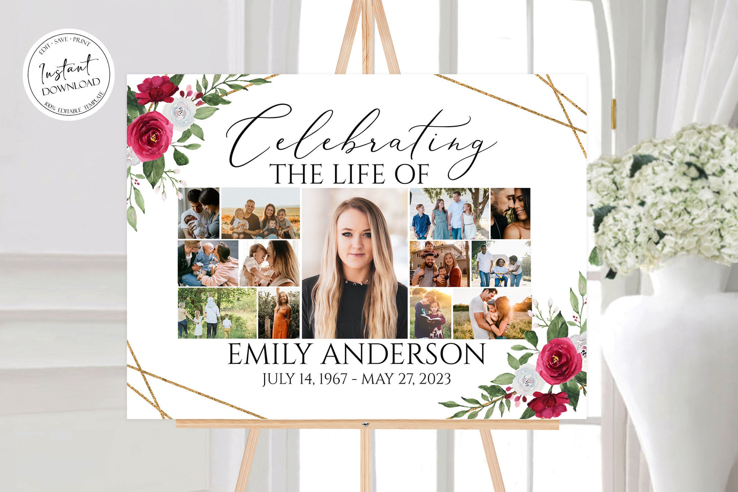 Celebration Of Life White Pink Roses Photo Collage Funeral Welcome Sign Template Multiple Photos Funeral Poster, Editable White Pink Roses Photo Collage Memorial Sign P2