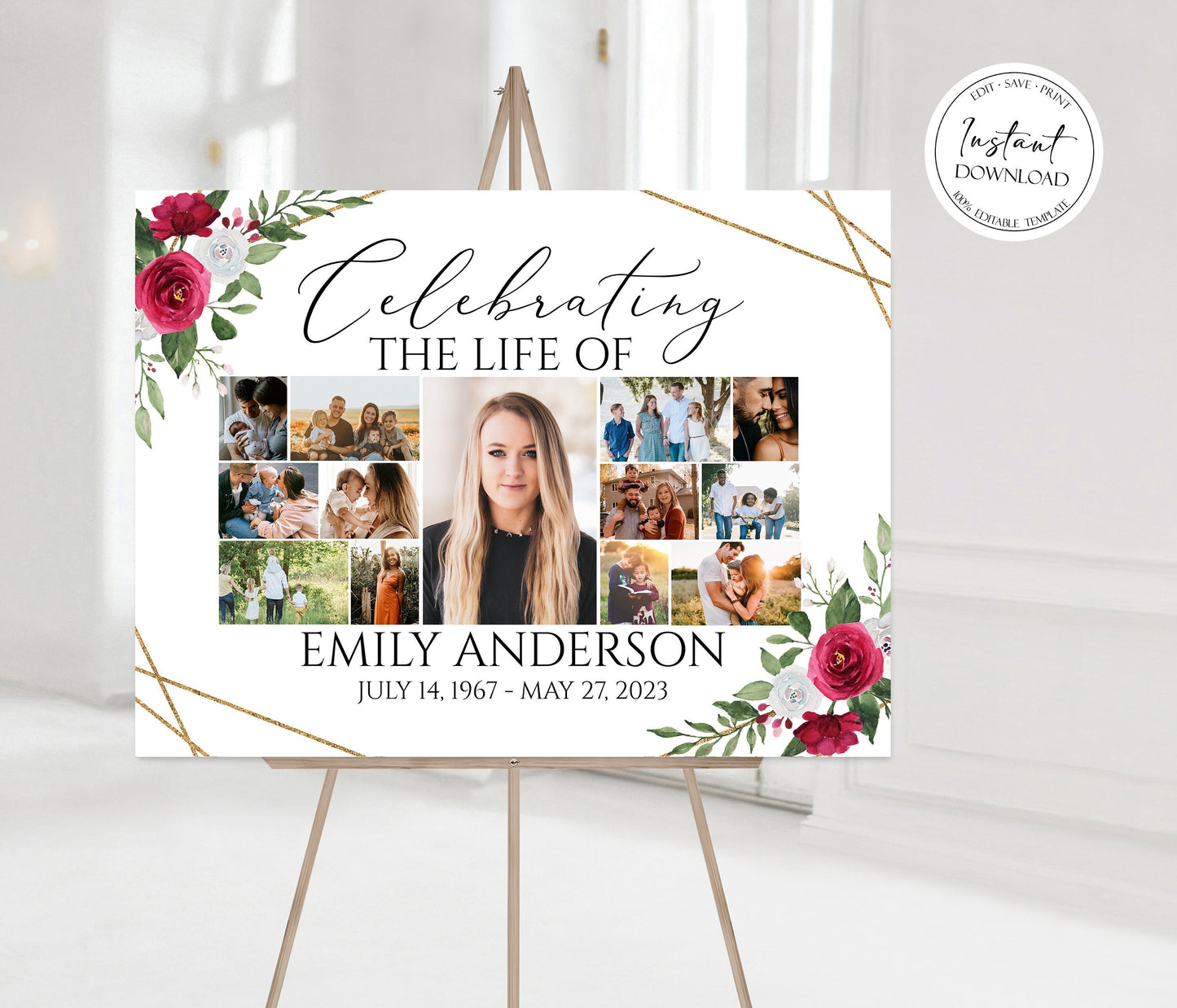 Celebration Of Life White Pink Roses Photo Collage Funeral Welcome Sign Template Multiple Photos Funeral Poster, Editable White Pink Roses Photo Collage Memorial Sign P2
