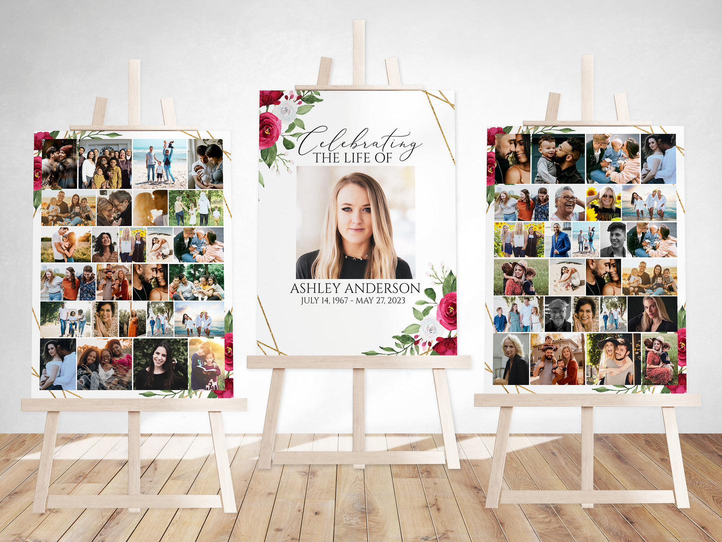 Celebration Of Life White Pink Roses Photo Collage Funeral Welcome Sign Set Templates P2