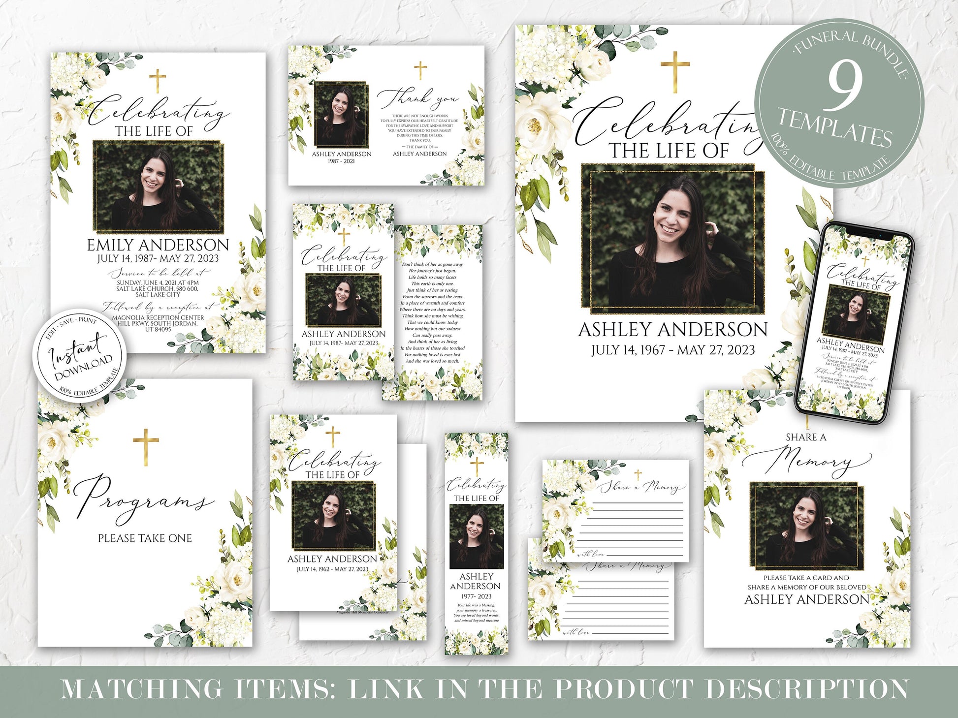 Celebration Of Life White Greenery Floral Gold Cross Photo Collage Funeral Welcome Sign Templates, White Greenery Photo Memorial Sign Funeral Poster Photo Display Set