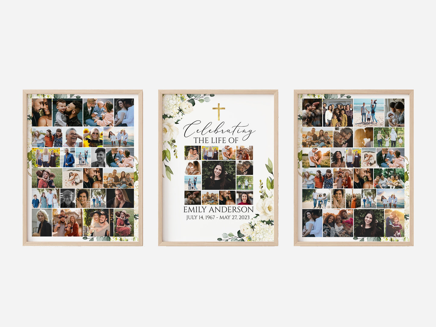 Celebration Of Life White Greenery Floral Gold Cross Photo Collage Funeral Welcome Sign Templates, White Greenery Photo Memorial Sign Funeral Poster Photo Display Set