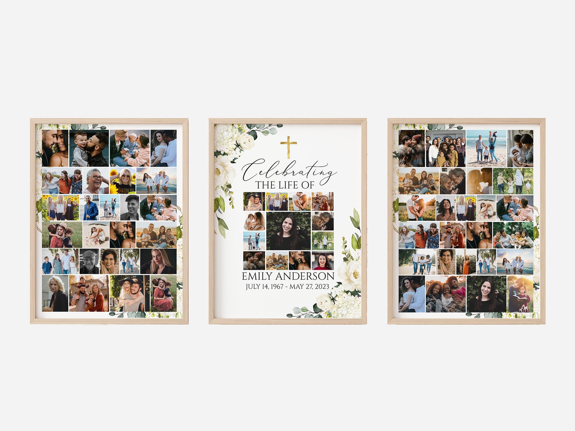 Celebration Of Life White Greenery Floral Gold Cross Photo Collage Funeral Welcome Sign Templates, White Greenery Photo Memorial Sign Funeral Poster Photo Display Set